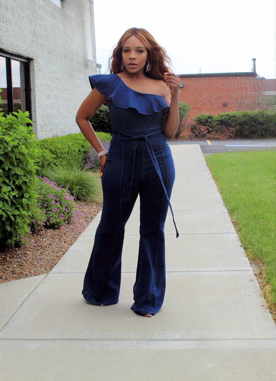 MOUSSY ONE SHOULDER DENIM JUMP SUIT